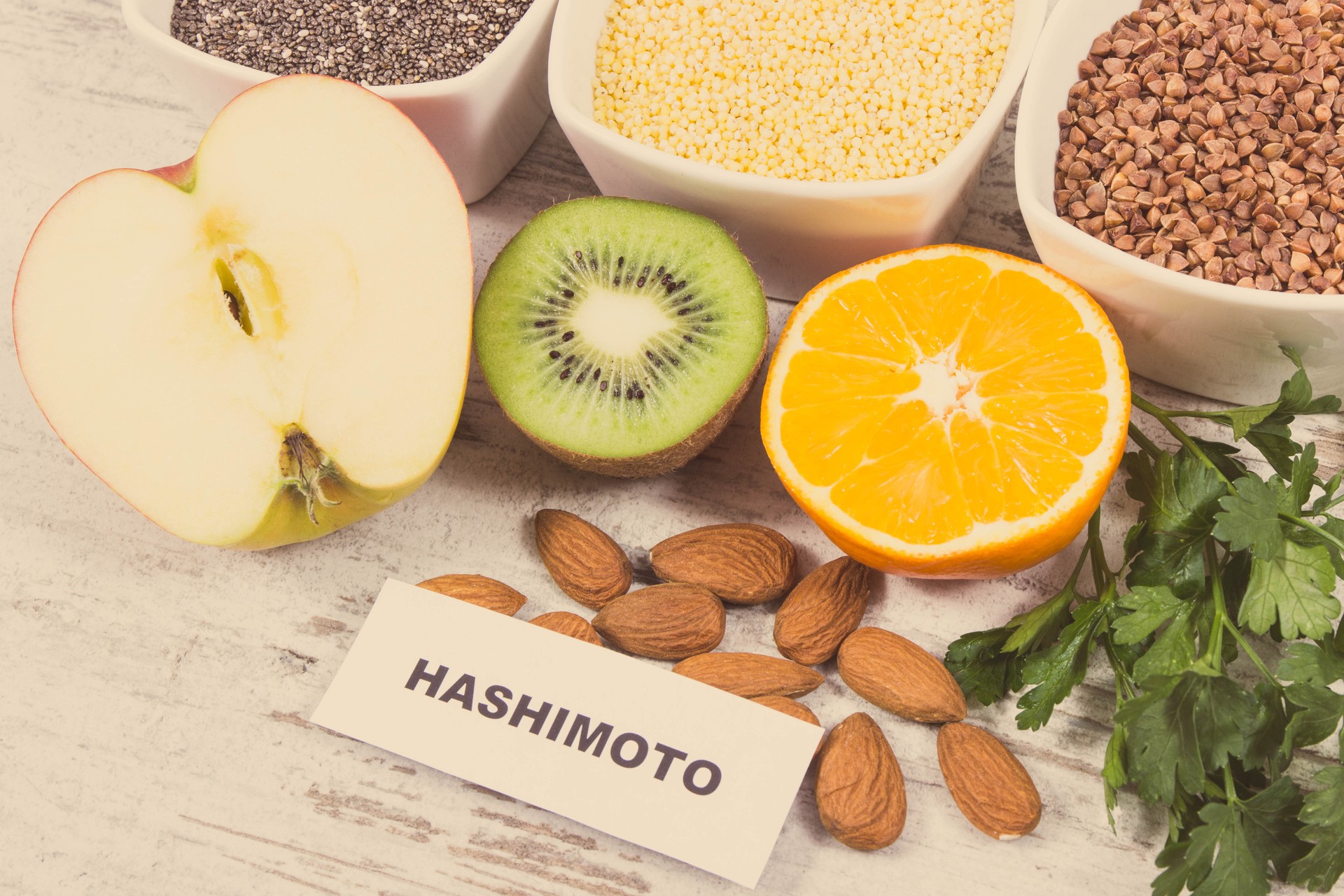 Inscription hashimoto with products and ingredients as source vitamins for healthy thyroid