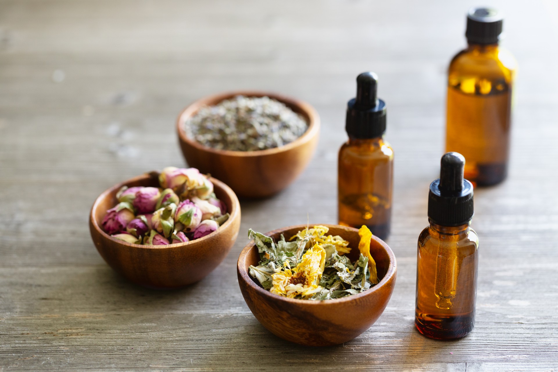 Dried herbs in wooden bowls and pipette bottle:  aromatherapy concept